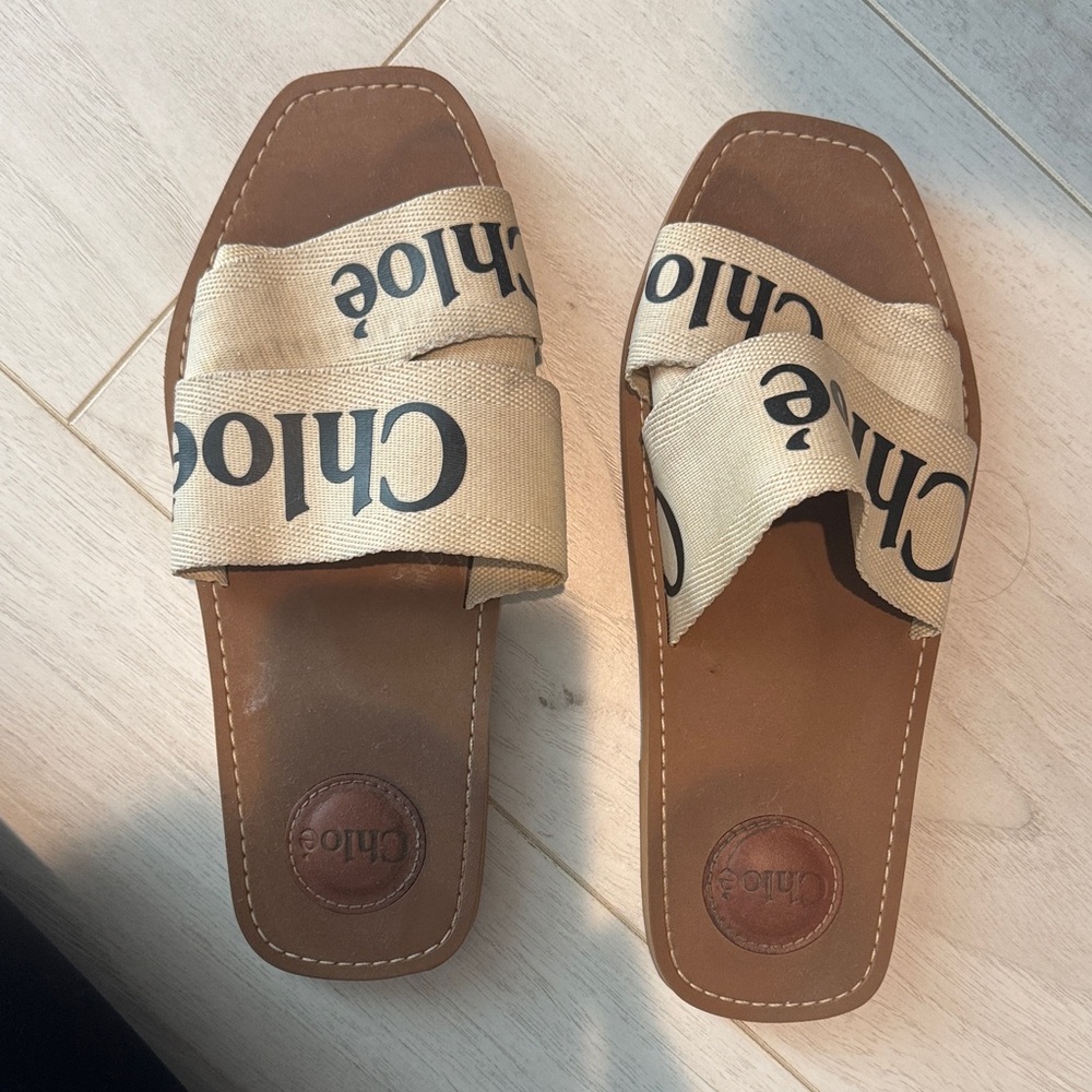 Chloe Tan Canvas Logo Slide Sandals